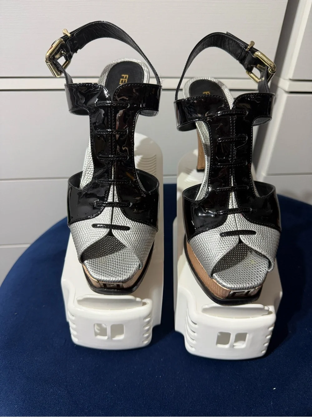 Fendi Black Patent and Silver and Gold  Platform Sandals 7.5